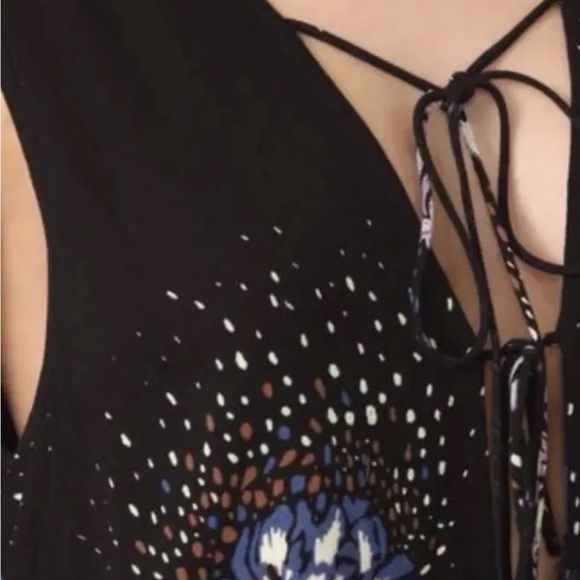 Free People Lovely Day Printed Tie Tunic Dress Black Combo Plunging - Picture 5 of 14